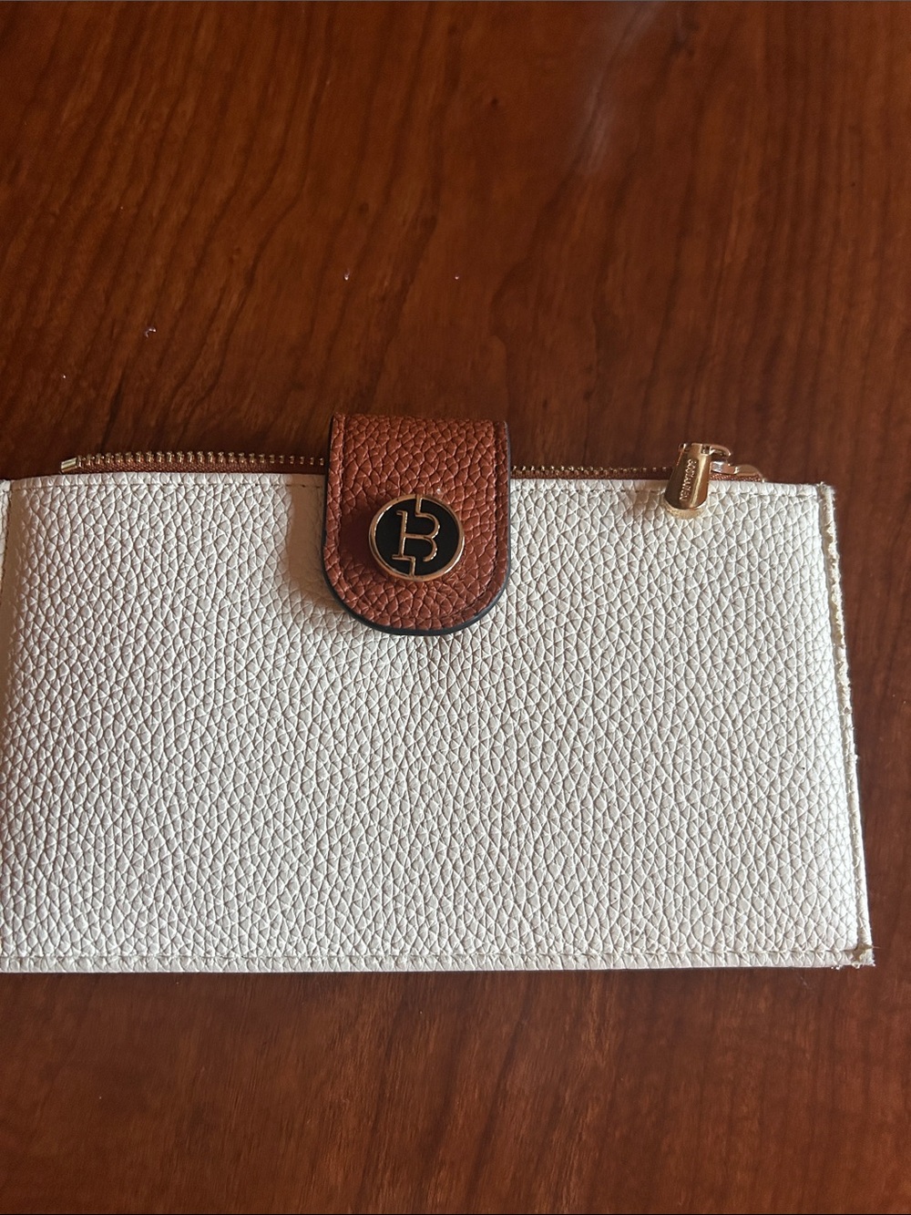 Pebbled White Leather Wallet with Brown Snap and Gold Accent